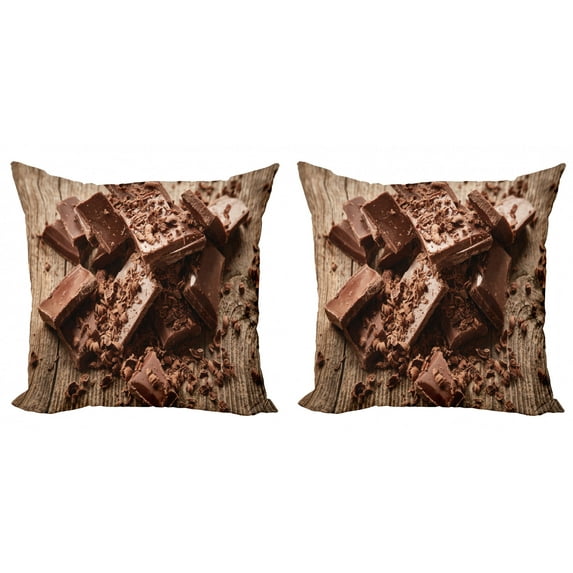 Chocolate Throw Pillow Cushion Cover Pack of 2, Bitter and Milky Chocolate Bars and Shavings Gourmet Tasty Snacks Image, Zippered Double-Side Digital Print, 4 Sizes, Dark Brown and Cocoa, by Ambesonne