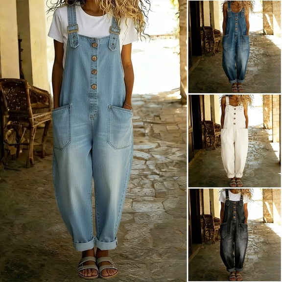 Women's Y2K Denim Bib Overall Pants,Button Front Wide Leg Jean Jumpsuits Vintage Loose Romper,Adjustable Strap Casual Sleeveless Jumpsuits with Pockets,Washed Denim Overall Pants Light Blue S