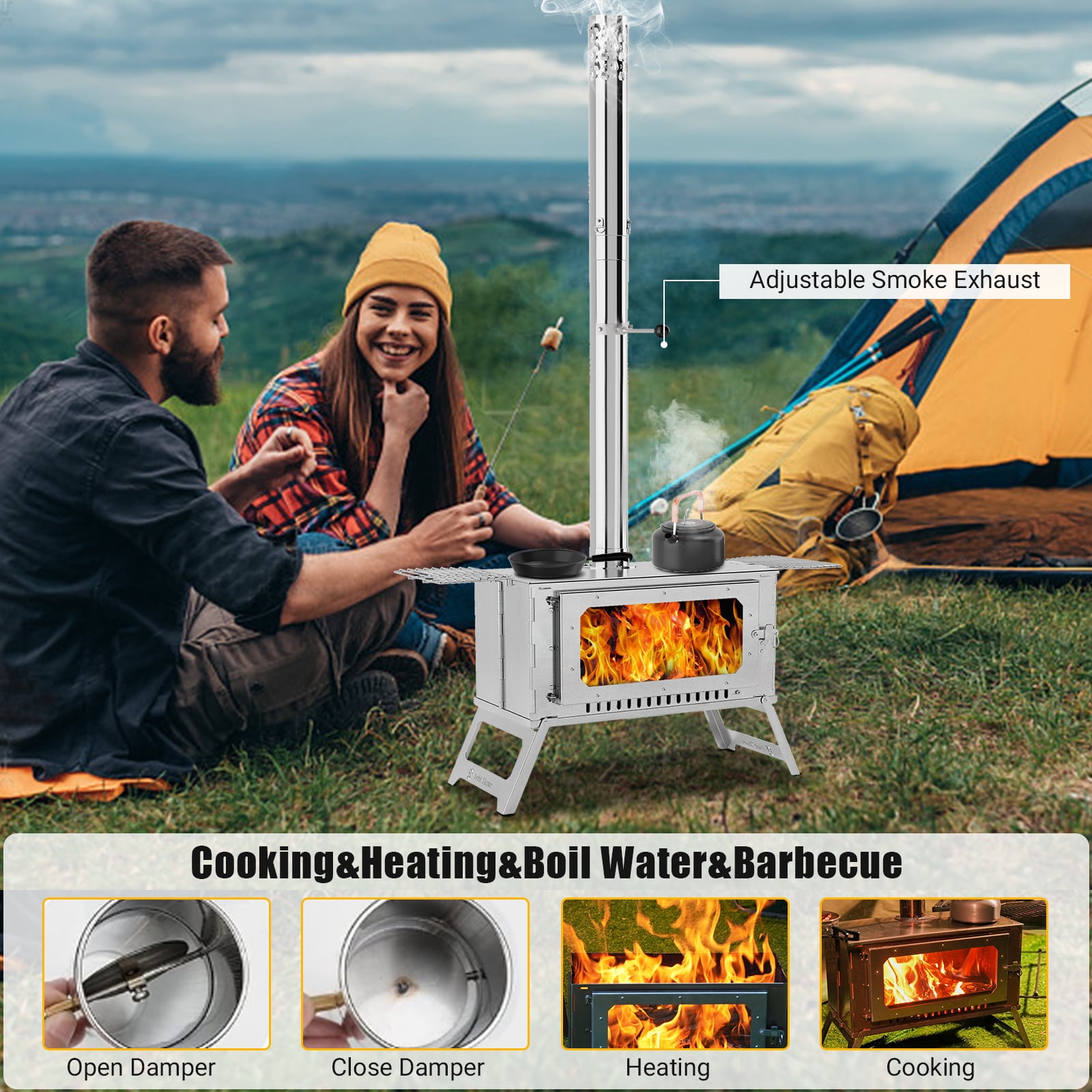 COZONY Stainless Steel Camping Tent Stove w/ Pipe & Bag,grill net， Portable Wood Burning Stove for Outdoor Cooking