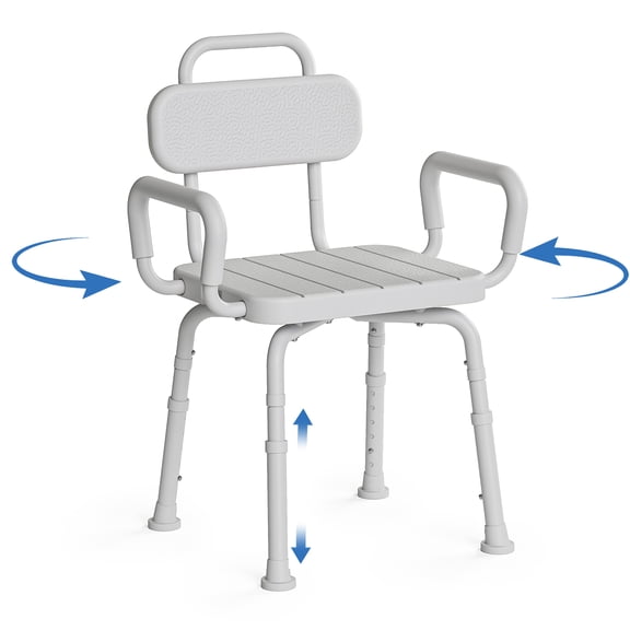 Loyoda 360 Degree Swivel Shower Chair with Back & Armrests, Grayish White, 350 lb Limit