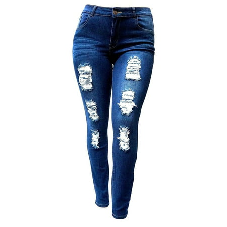 Jack David Women's Plus Size Stretch Distressed Ripped Blue Skinny Denim Jeans (Best Plus Size Skinny Jeans Uk)