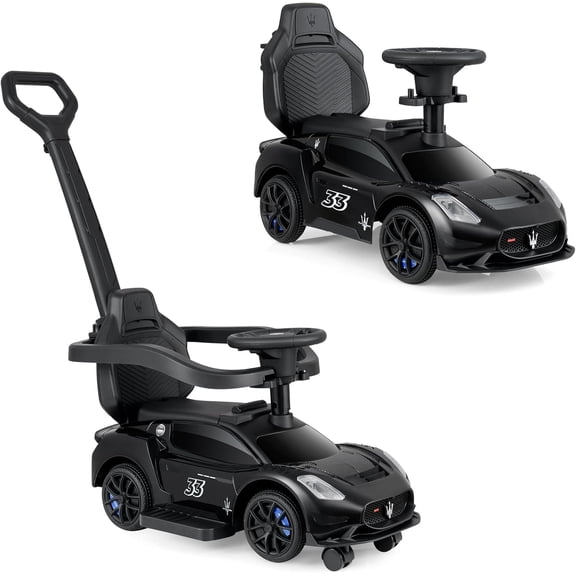 OLAKIDS Voiture Pousse-Pousse 3 en 1 pour Tout-Petits, Poussette pour Bébé Maserati sous Licence, Voiture Glissante et de Marche avec Poignée de Poussée, Klaxon, Musique, Rangement Inférieur, Jouet à Chevaucher à Propulsion par les Pieds pour Garçons et Filles