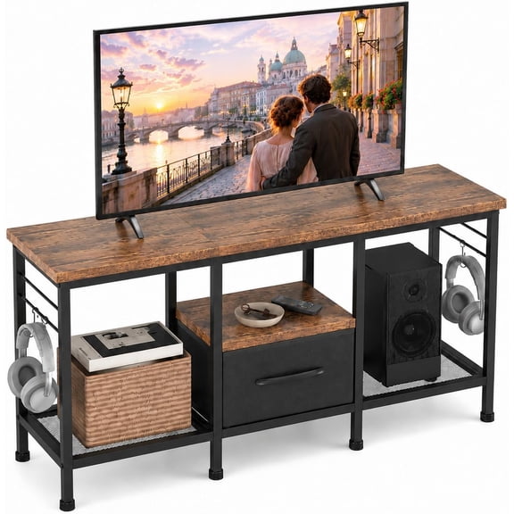 FvMuCore Industrial TV Stand with Fabric Drawer, 55 inch Entertainment Center Table with Stroage Drawer for Living Room Bedroom