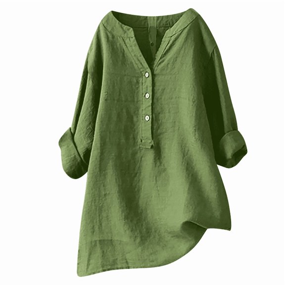 Womens Cotton Linen Tops V-Neck Half Sleeve Solid Casual Button down Shirts Comfy Loose Fit Flowy Tunic Tops Lightweight Summer Blouse