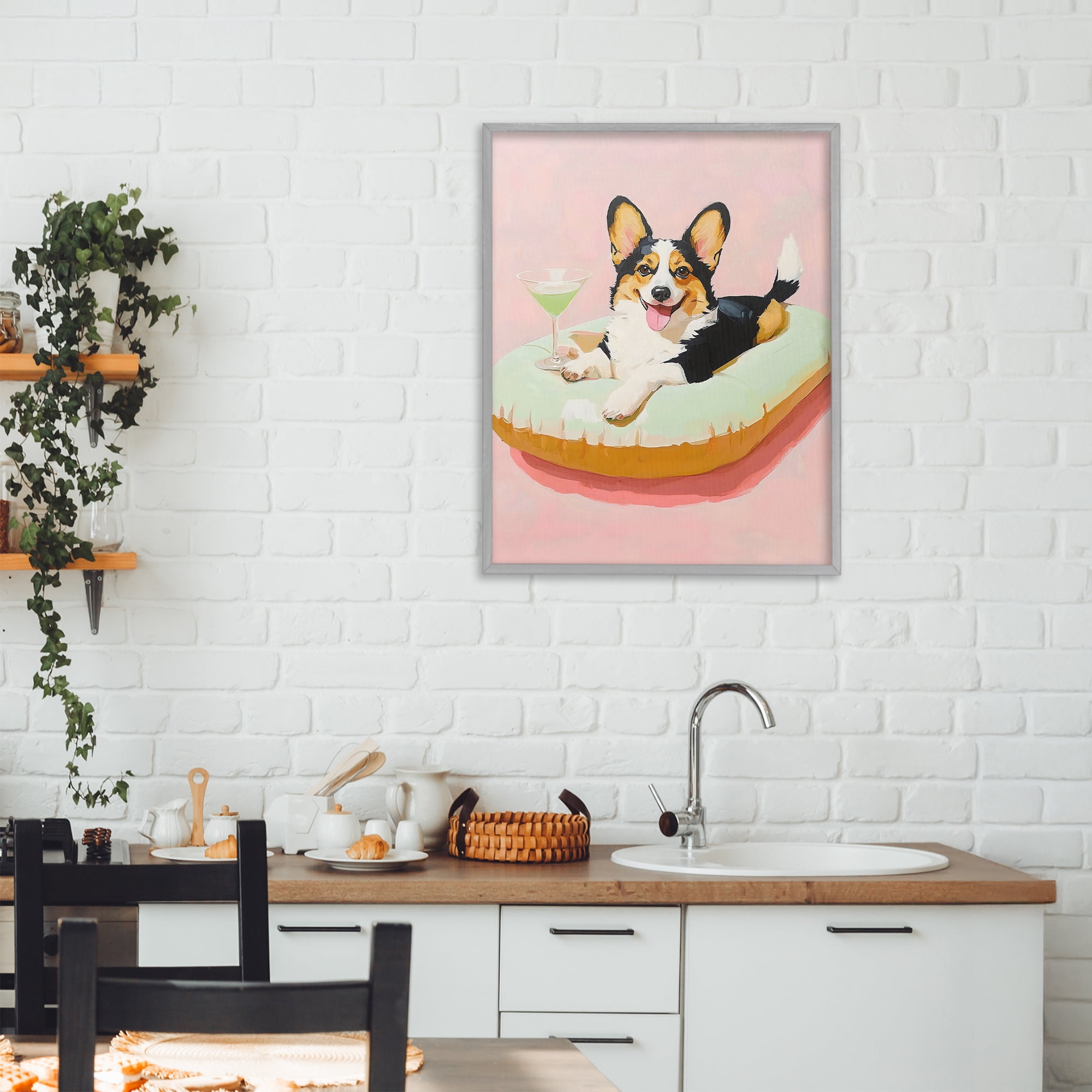 Stupell Industries Pastel Corgi with Cocktail Gray Framed Giclee Art, design by The Prints Vibe