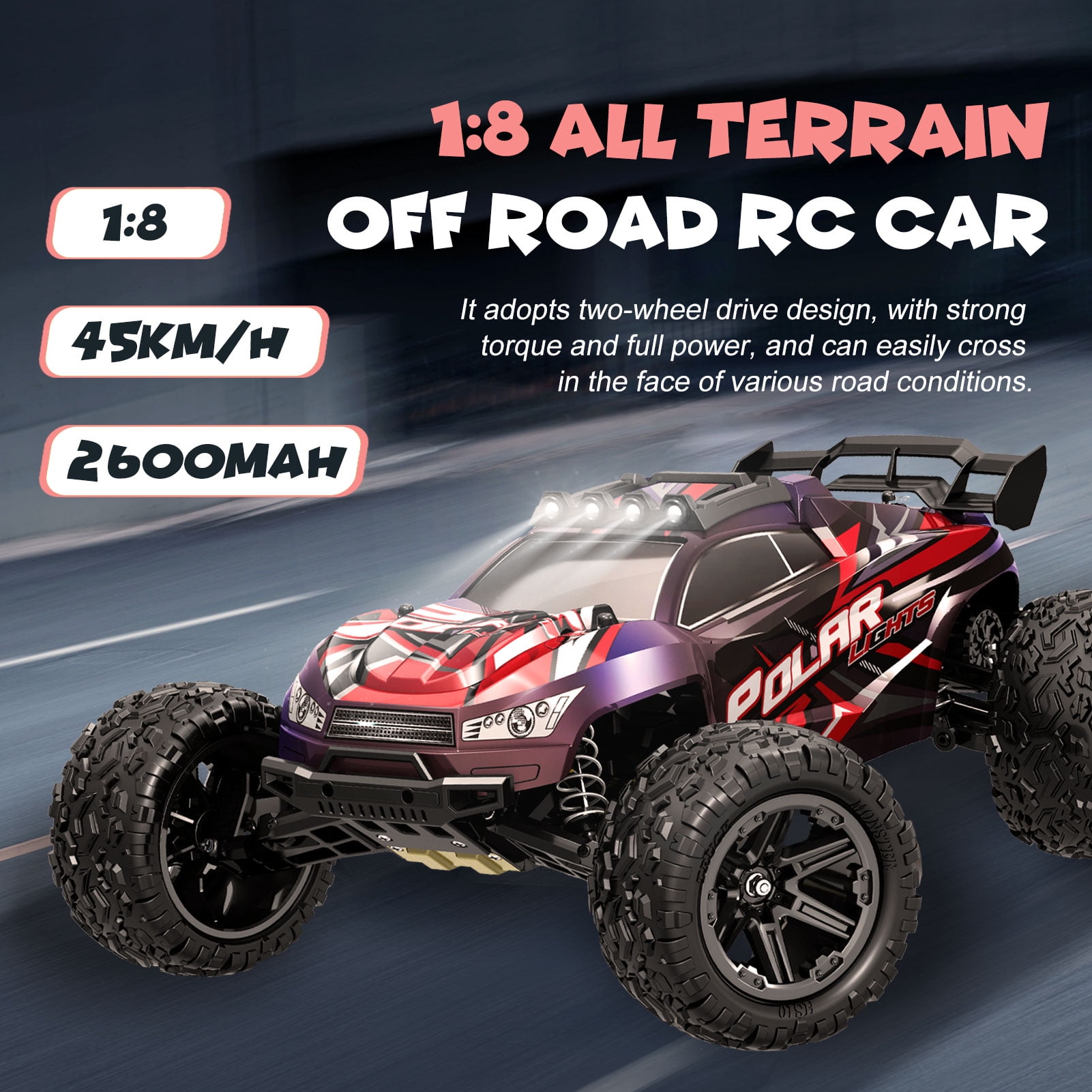 Halloween Gift, High Speed RC Cars 45kmh For Adults, 1:8 Scale Remote Control Car, All Terrain Off-Road Monster RC Truck For Adults, 2.4Ghz Glow-Up RC Cars With Body Lights & Headlights