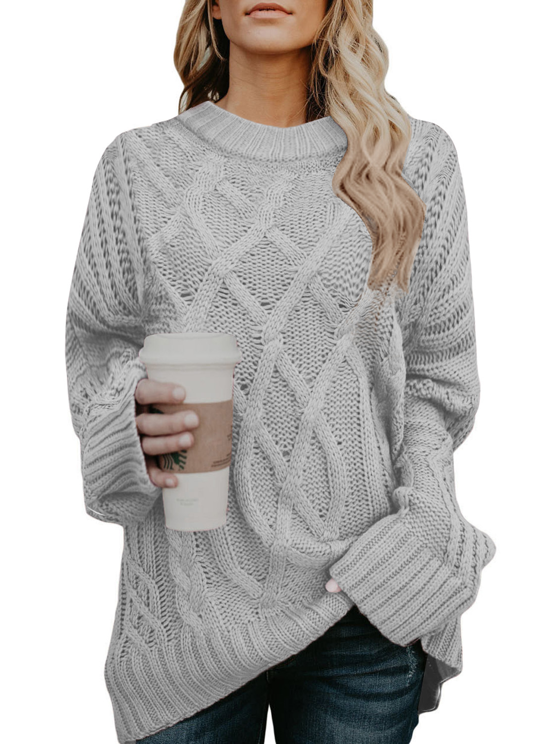 EVALESS Womens Chunky Cable Knit Sweater Solid Color Crewneck Long