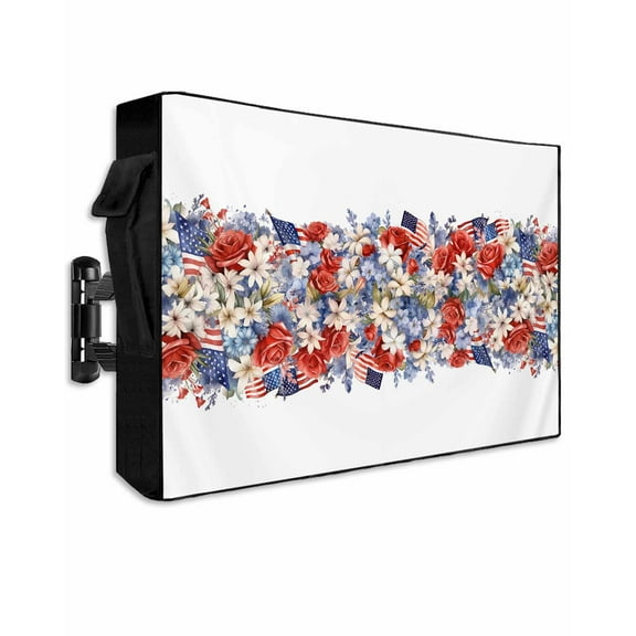 Blue Red 4th of July Outdoor TV Cover 40 to 43 Inch Weatherproof, Independence Day Flowers Red Blue 600D Oxford TV Covers with Waterproof Zipper, Outside Flat TV Screen Protector Size 40"Wx25"Hx4.5"D