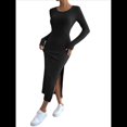 thumbnail image 2 of Vestidos Largos de Otoño para Mujer, de Larga, Informales, de Punto Acanalado, Ajustados, Elegantes, con Cuello Redondo y Abertura Lateral Negro XS, 2 of 10
