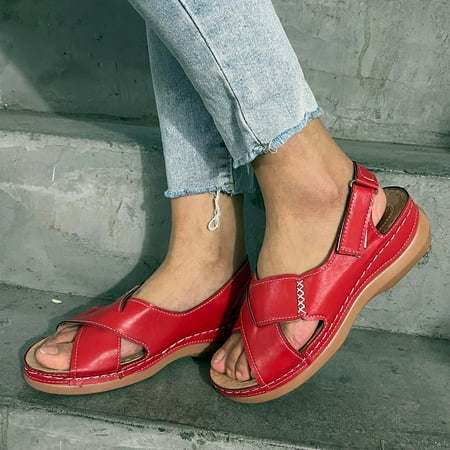 

Cathalem Womens Sandals Size 8 Double Wide Casual Thick-soled Wedges Sandals Breathable Leopard Print Heels for Women Sandal Red 7.5