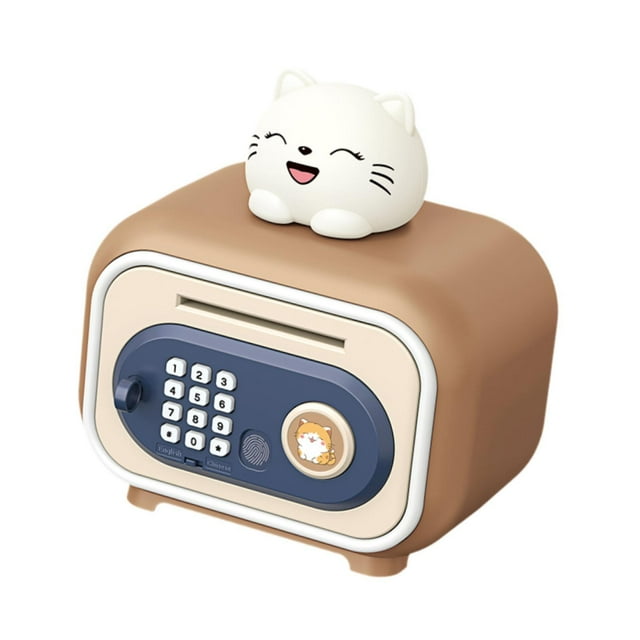 Alcancía con modo doble, contraseña, caja de seguridad para dinero con cambio de idioma, cajero automático, caja de ahorros para niños, niñas y niños gato marrón