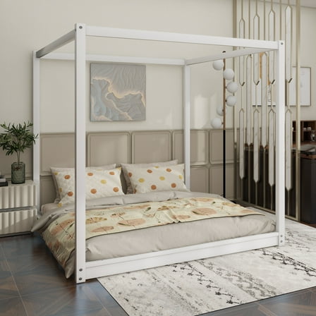King Size Canopy Platform Bed with Support Legs,White