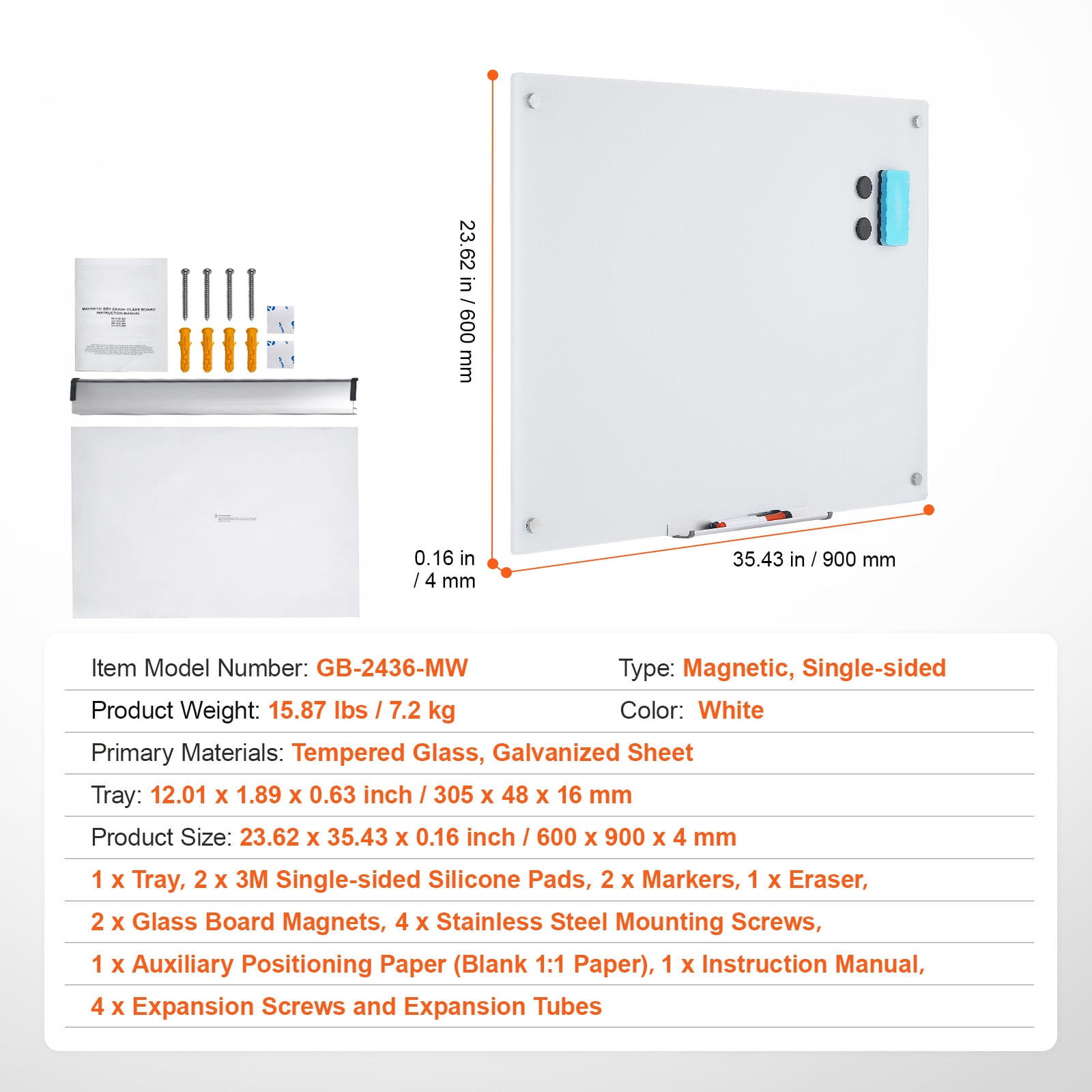 KFFKFF 36"x24" Magnetic Glass Dry Erase Board Frameless Wall Mounted Magnetic 3' x 2' Large Glass Whiteboard Dry Erase Board with Tray for Office, School & Home