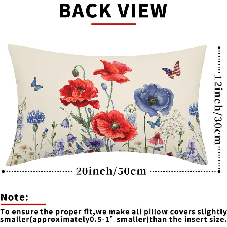 4th of July Pillow Covers 12x20 Inch Red Blue Floral Patriotic