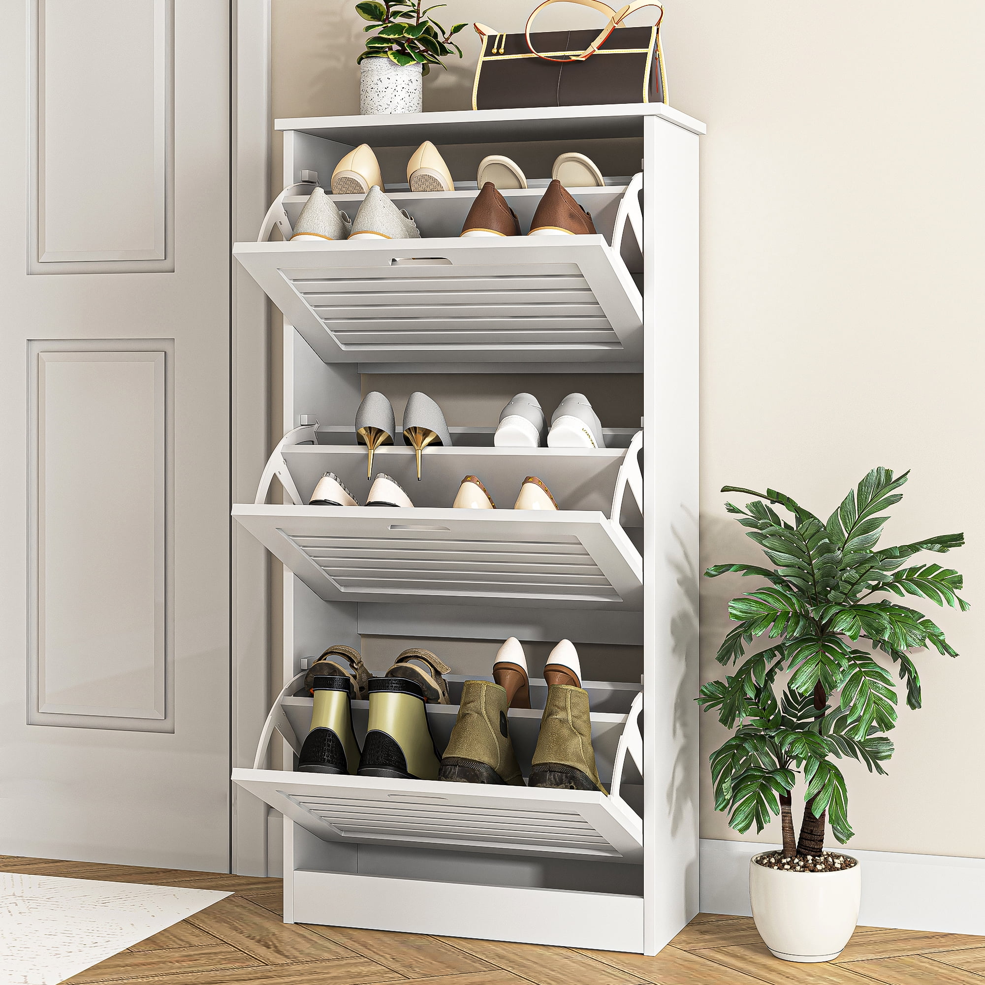 Yardi Yard Modern Wooden Shoe Storage Organizer Cabinet for Entryway with 3 Flip Drawers, White Yardi Yard Modern Wooden Shoe Storage Organizer Cabinet for Entryway with 3 Flip Drawers, White