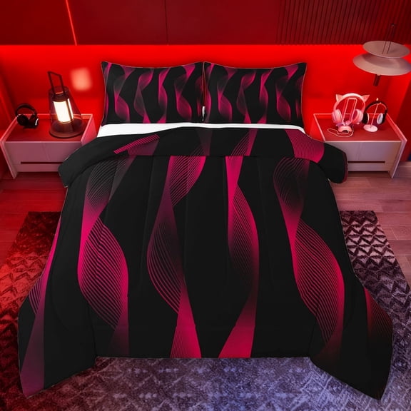 jejeloiu Geometric Waves Stripes Twin Comforter Sets,Red Black Bedding Set For Girls Boys Reversible 2pcs