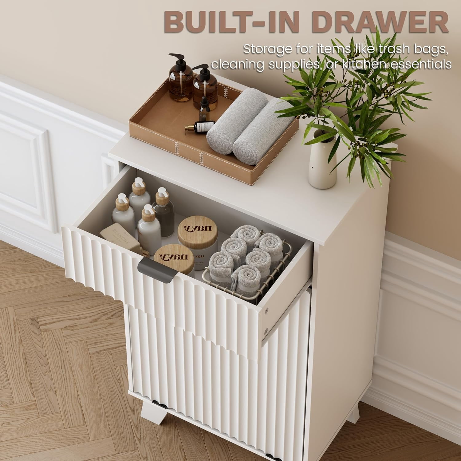 FANRAL Single Tilt Out Laundry Hamper Cabinet,10 Gallon Wooden Hidden Storage Cabinet,Fluted Trash Can for Bathroom Kitchen Living Room,White Laundry Basket Cabinet