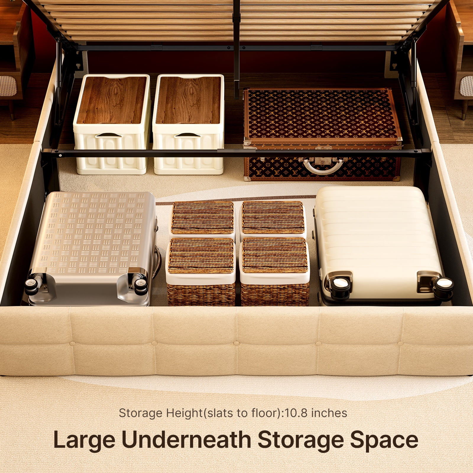 Lift Up  Bed Frame, Full Size Storage Bed Frame, No Box Spring Needed, Light Beige
