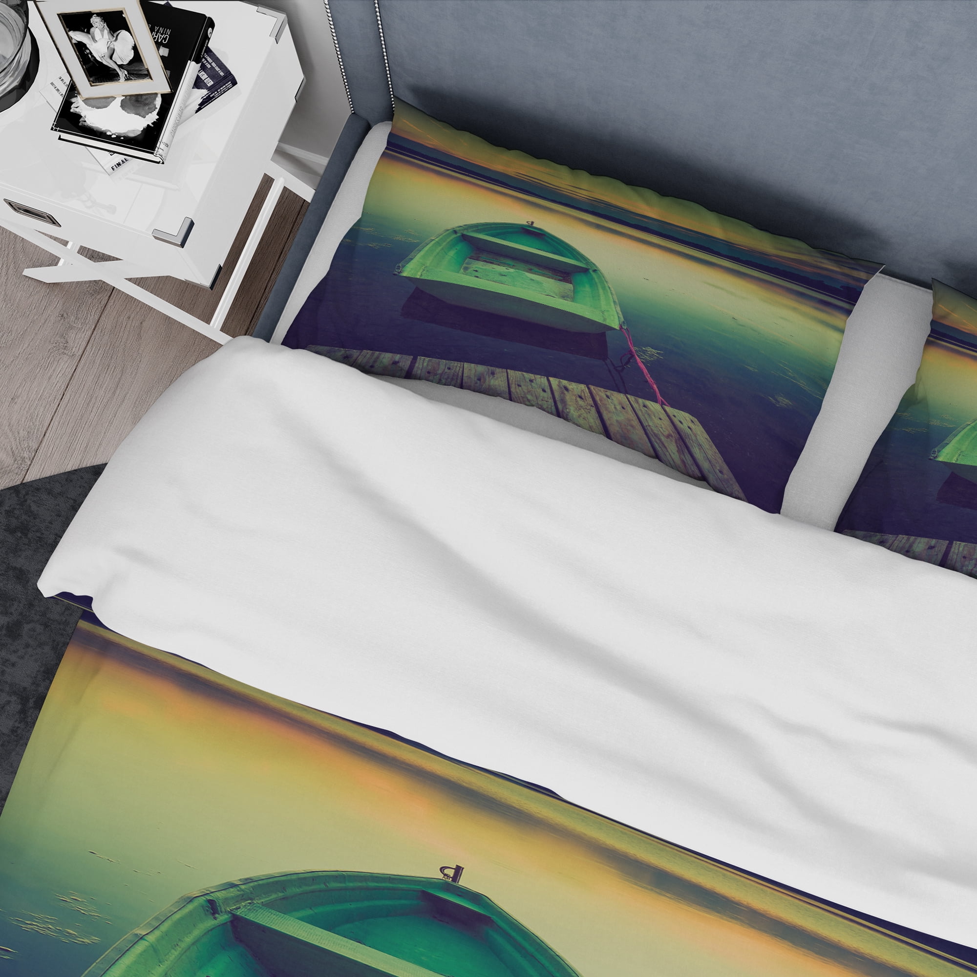 Designart 'Boat and Wooden Pier in Lake' Traditional Duvet Cover Set