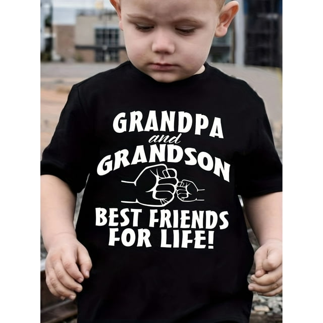 Grandpa & Grandson Best Friends For Life Print Boy's Creative T-shirt, Casual Short Sleeve Crew Neck Top, Boy's Summer Clothing