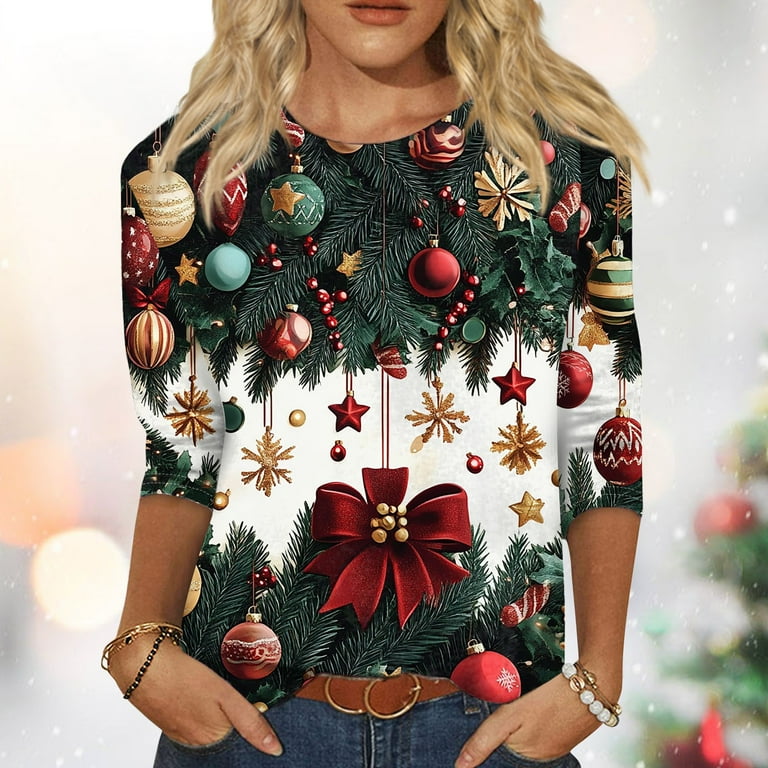 Christmas 3/4 Length Sleeve Womens Tops Plus Size Crewneck Shirts