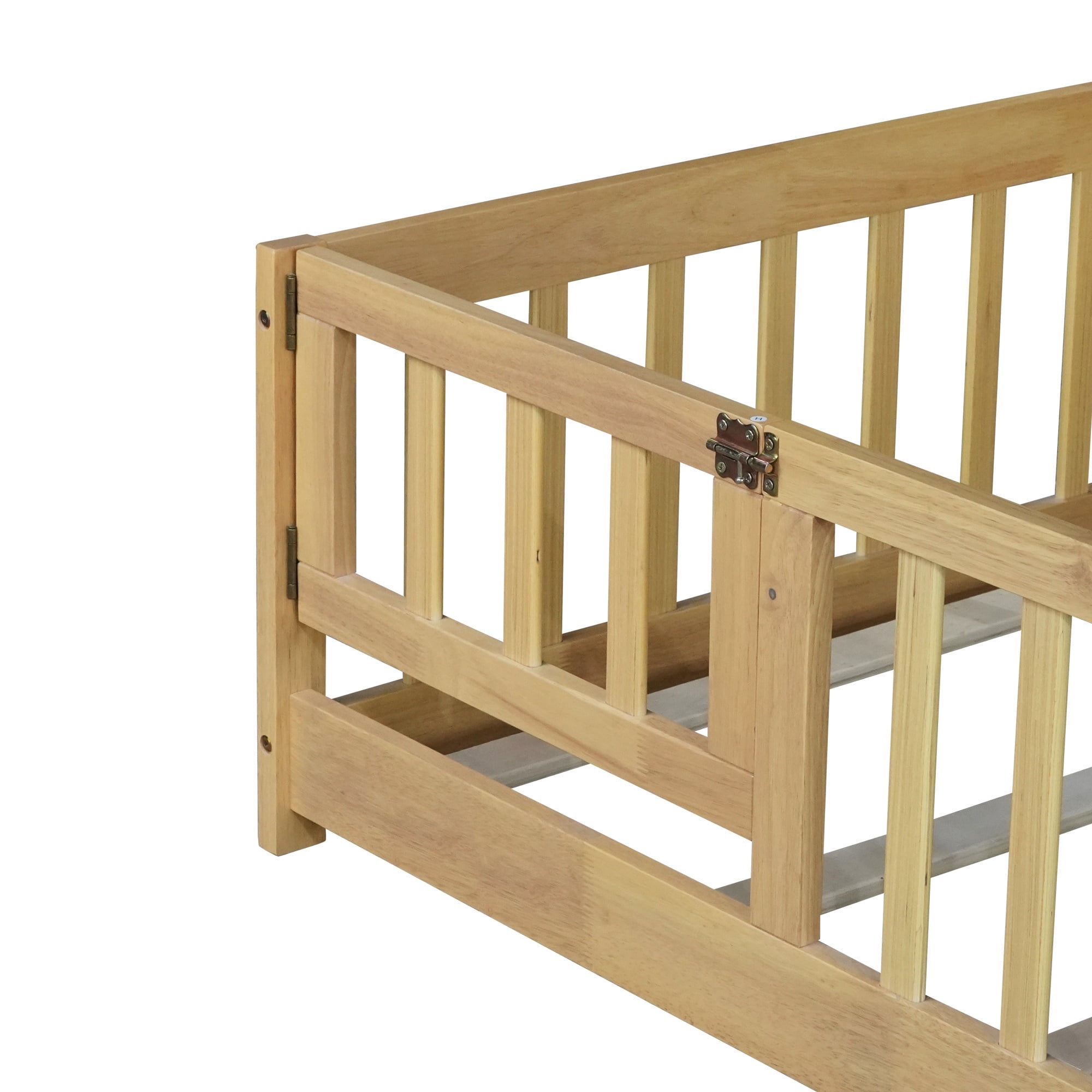 Alvantor Twin Size Floor Bed for Toddler, Solid Wood Floor Bed with Door and Fence Guardrail, Montessori Floor Bed for Boys, Girls,Natural