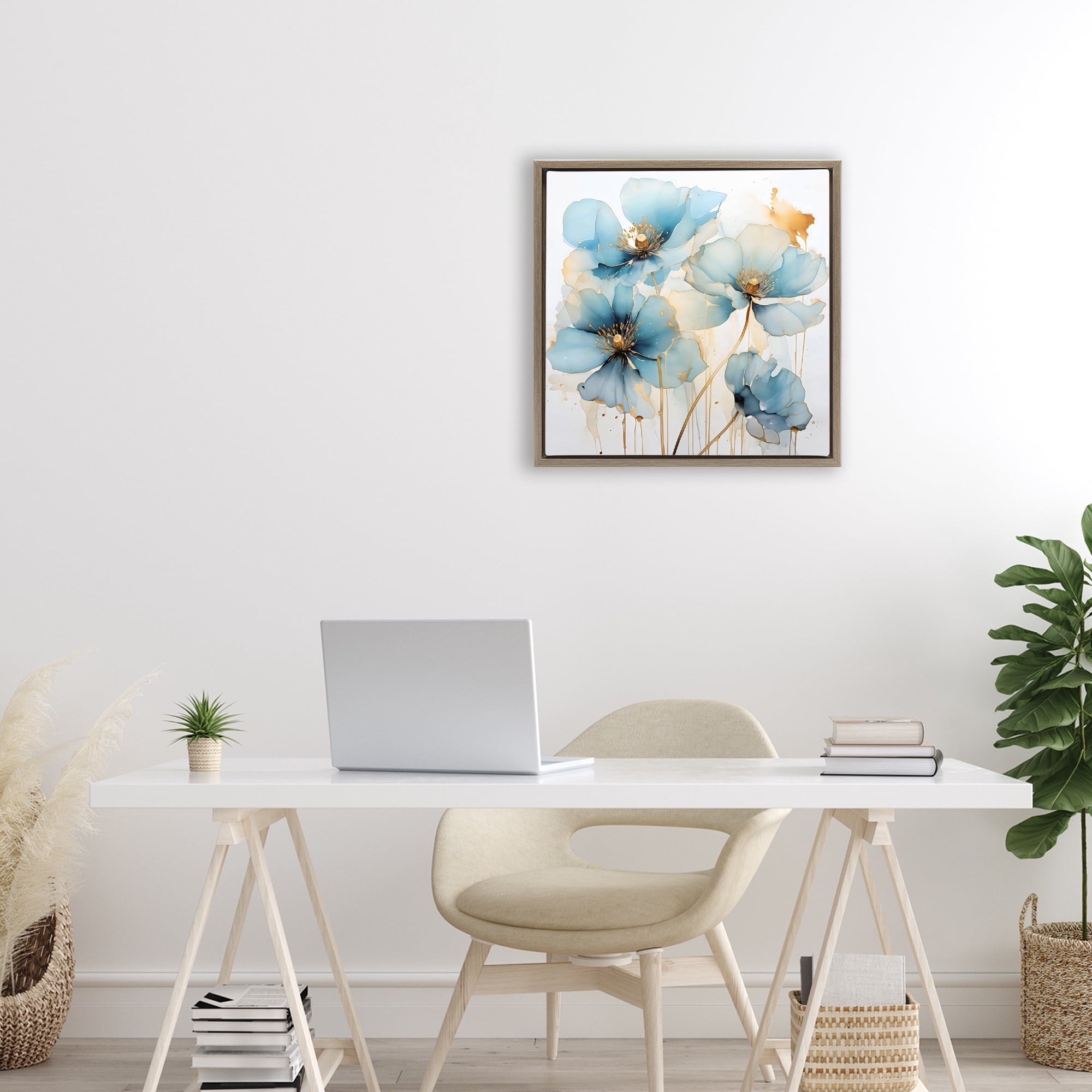Stupell Industries Sapphire and Gold Florals Brown Framed Floater Canvas Wall Art, design by Creative Studio
