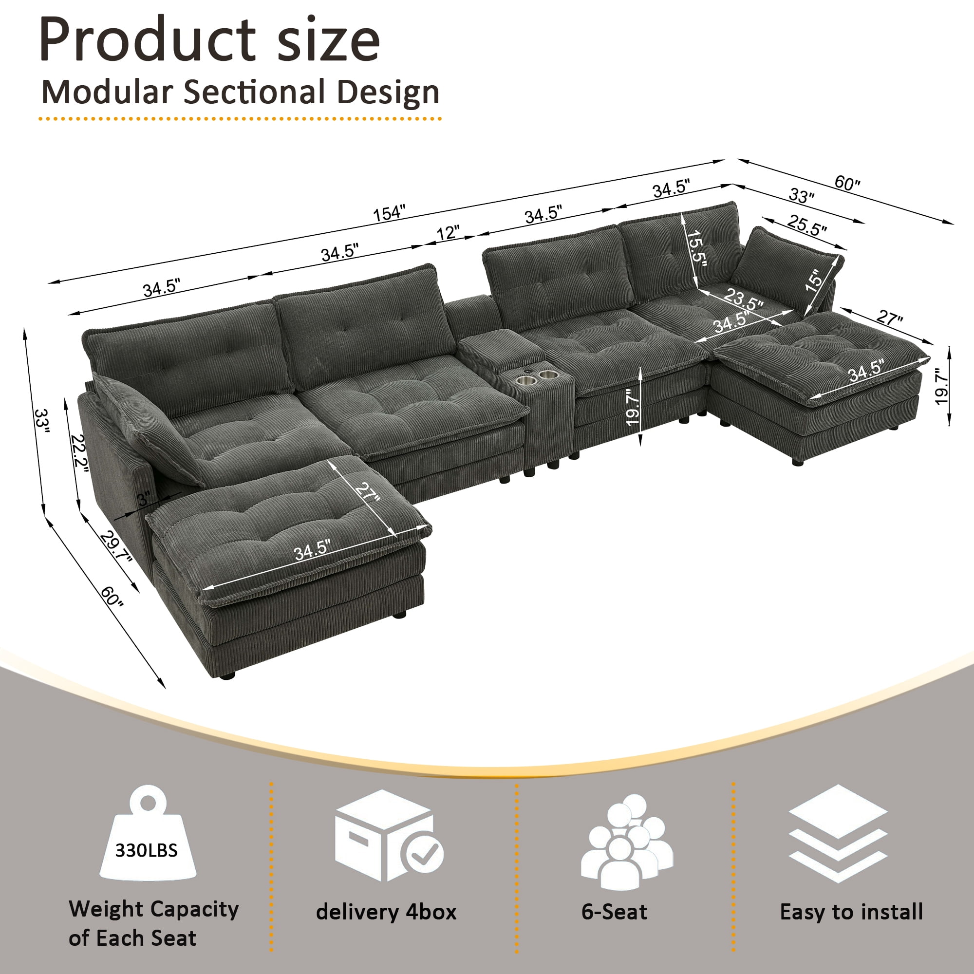 Gewnee 154" U-Shaped Sectional Sofa,Modern Corduroy Modular Sofa Couch with Storage Function,USB &Cup Holders,Movable Ottoman Sectional Couch for Living Room,Gray