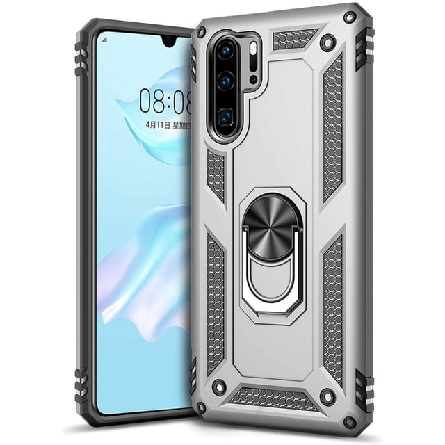 XYCCA Ring Kickstand Phone Case for Huawei P30 Pro,Heavy Duty Dual Layer Drop Protection Case,Hard Shell + Soft TPU + Ring Stand Fits Magnetic Car Mount,Silver
