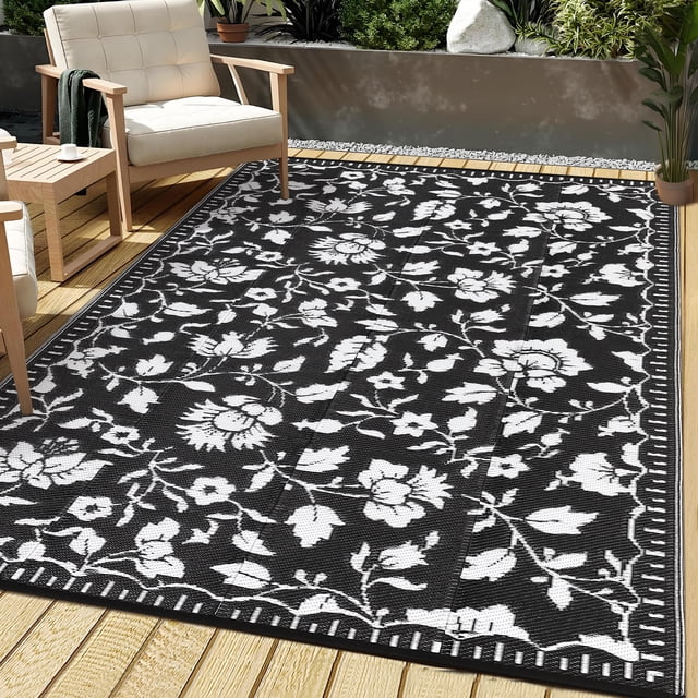 Navy Blue Reversible Outdoor Rug Waterproof, Vintage Plastic Straw Carpet with Portable Bag, UV Resistant Lightweight Patio Mat for Backyard Beach RV Deck, White