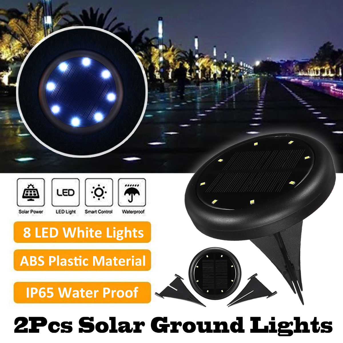 2 Pcs Solar Ground Lights, Upgraded 8 LEDs Solar Powered Garden Lights IP65 Waterproof InGround