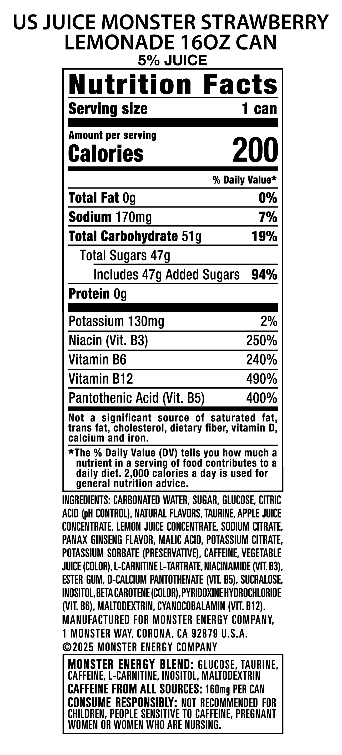 Juice Monster, Strawberry Lemonade, Energy Drink, 16 fl oz, Can
