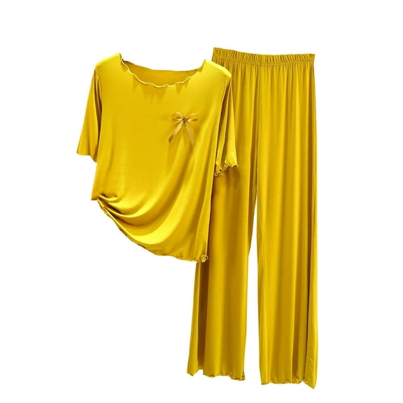 Diufon Loungewear Sets for Women Solid Color Bow Ruffle Short Sleeve Tops Elastic Waist Pjs