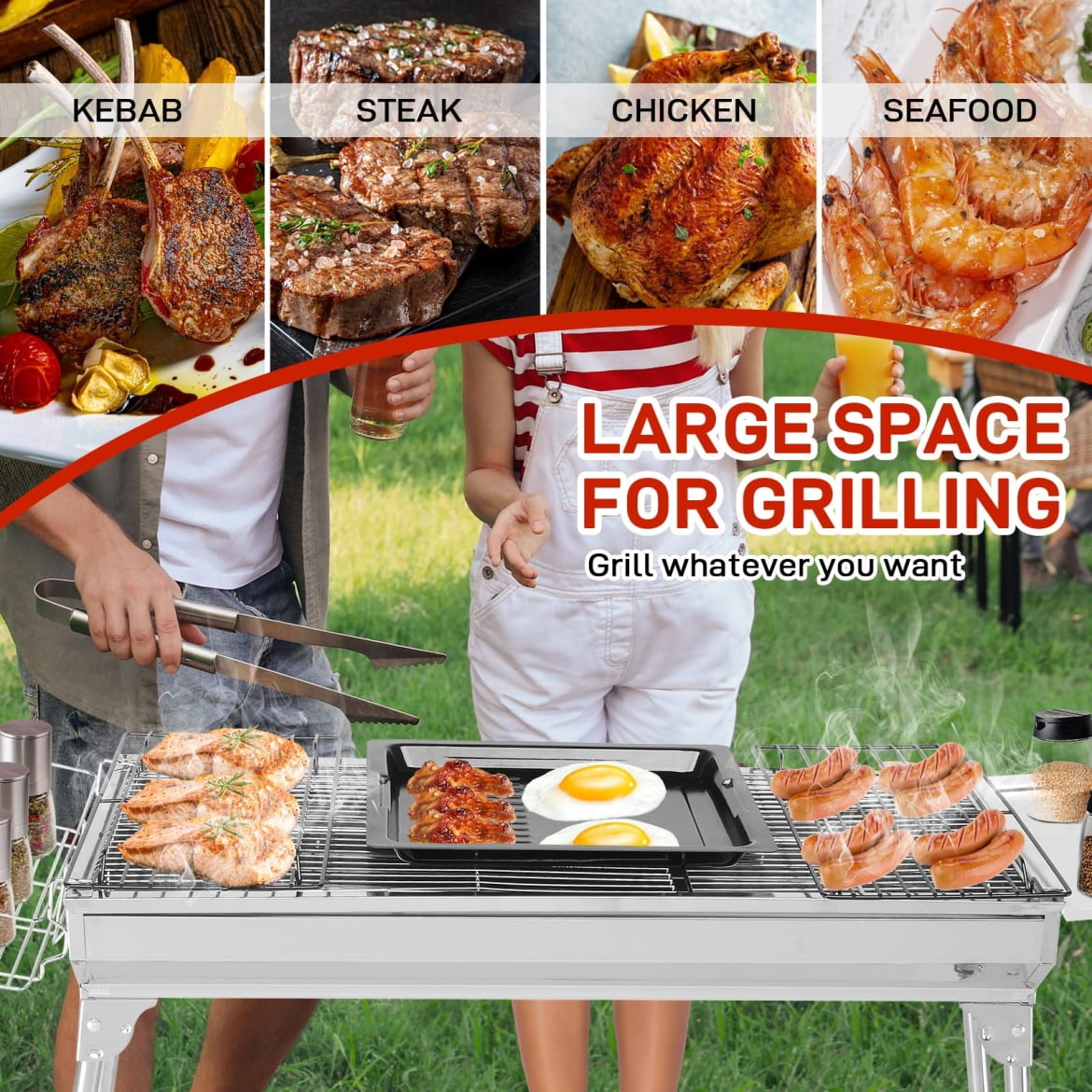 Portable Charcoal Grill, Foldable Barbecue Grill, 39 x 12x 28" Stainless Steel BBQ Grill for Outdoor Cooking Camping Hiking Picnic Garden Beach Party (Large)