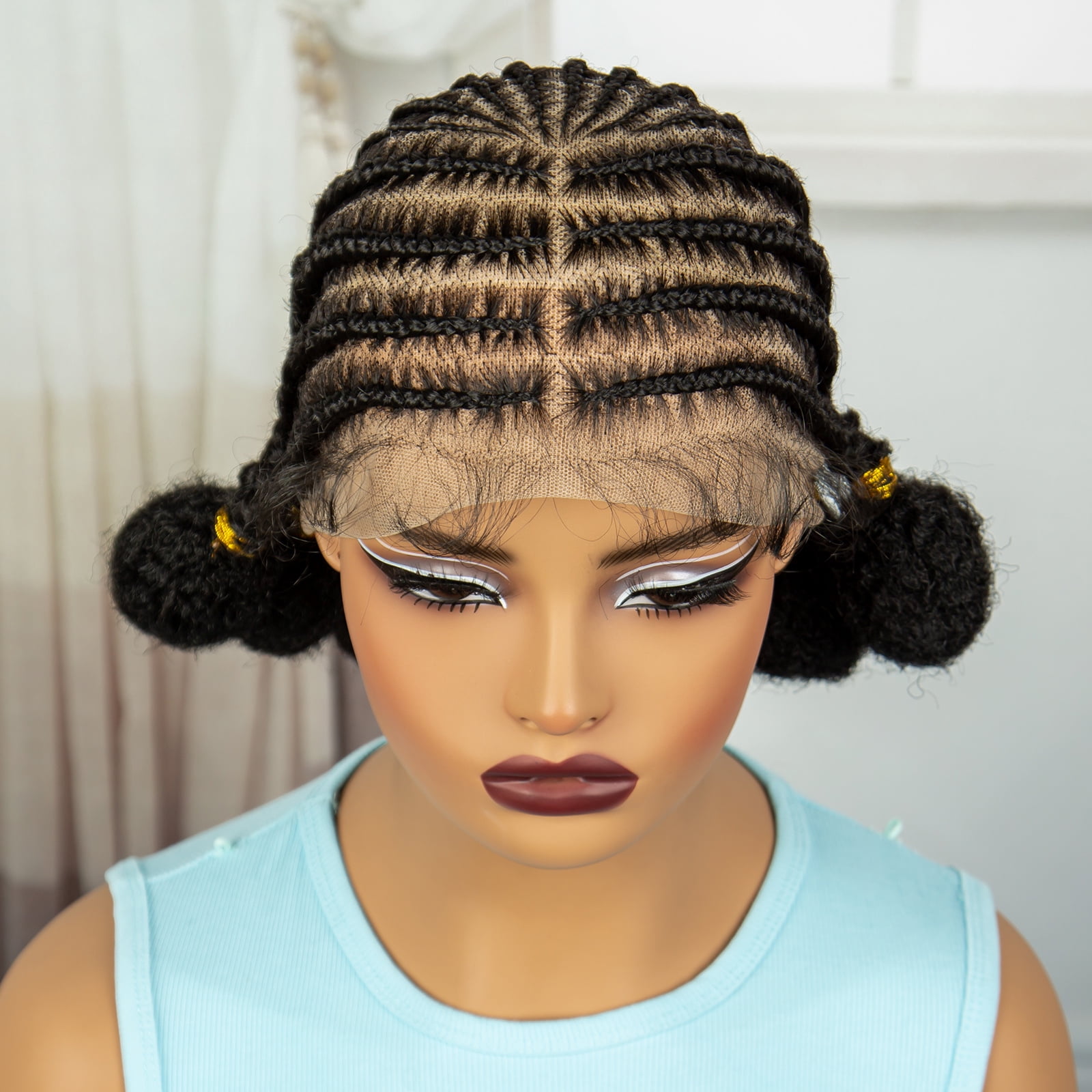 10 Inches Short Bantu Synthetic Full Lace African Cornrow Braided Wigs with Baby Hair for Women Knotless Braiding Wig