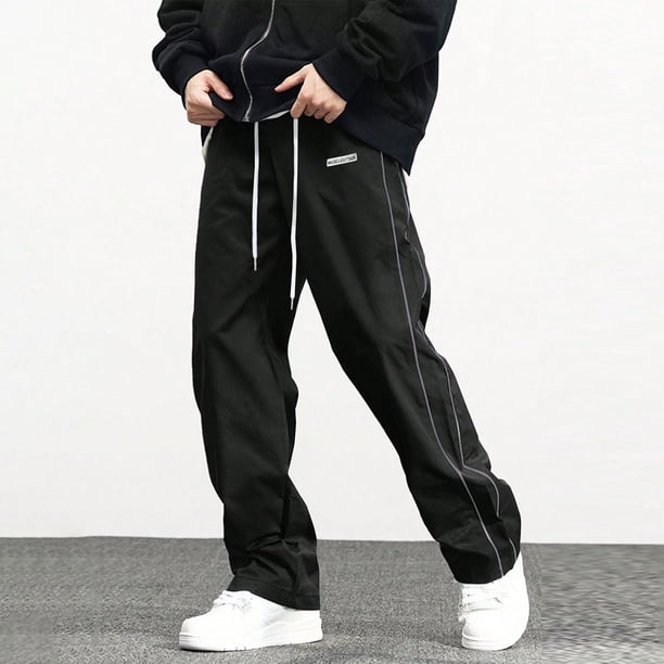 Pantalones largos de poliéster para hombre, de moda, de color liso, con bolsillos, cintura elástica y cordón ajustable.