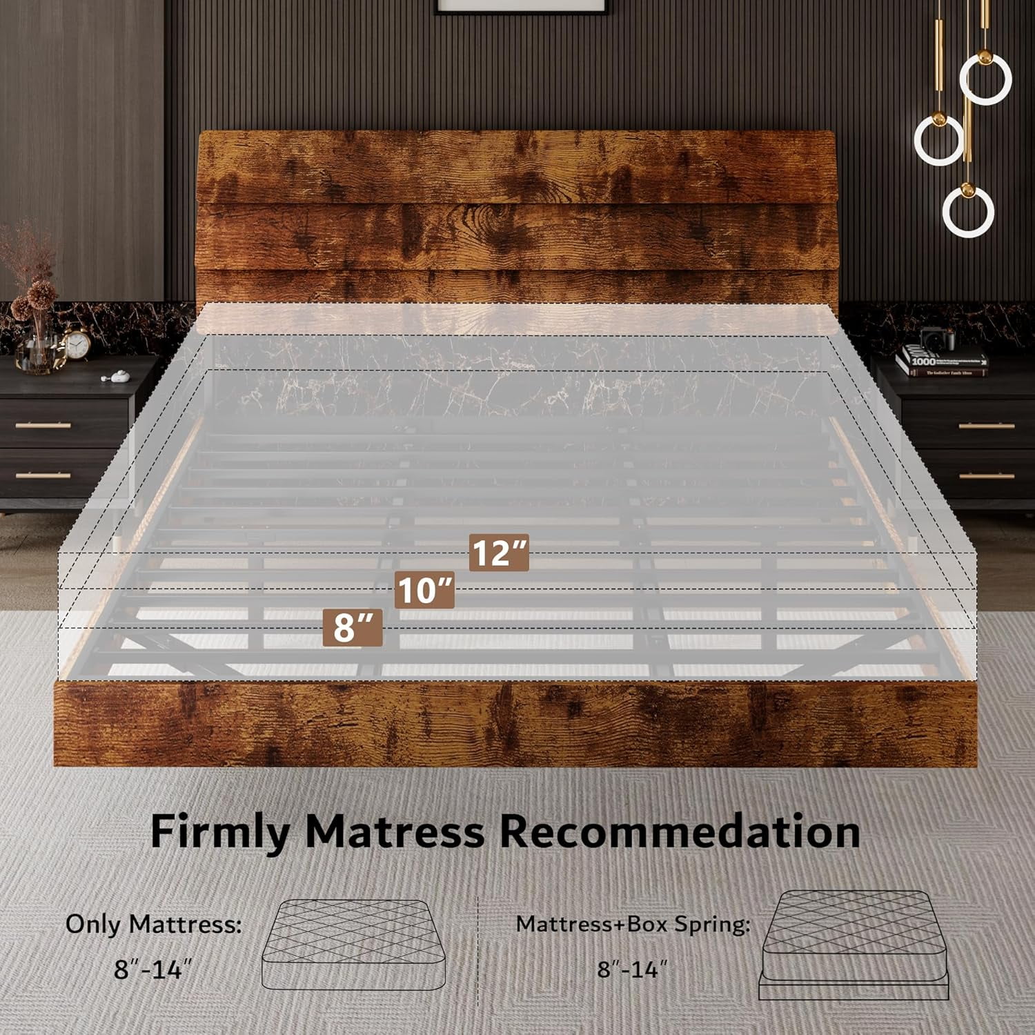 Honfach Floating King Size Bed Frame with LED Lights & Charging Station, Platform Bed with Wooden Storage Headboard, Steel Slats Support,Vintage Brown