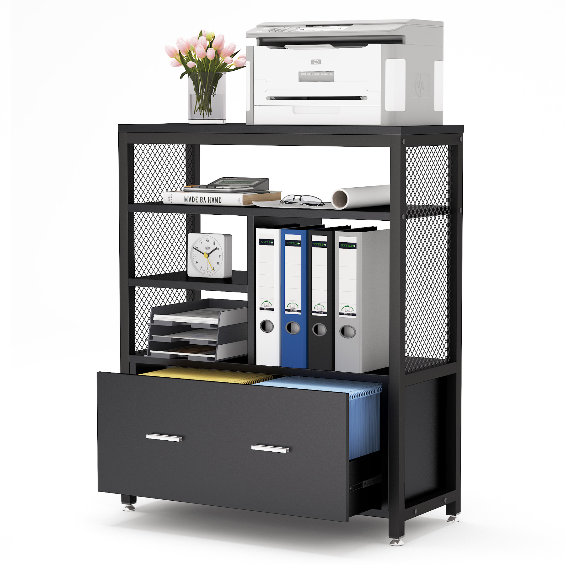 Modern File with Drawer, Wood Printer Stand with Open Storage