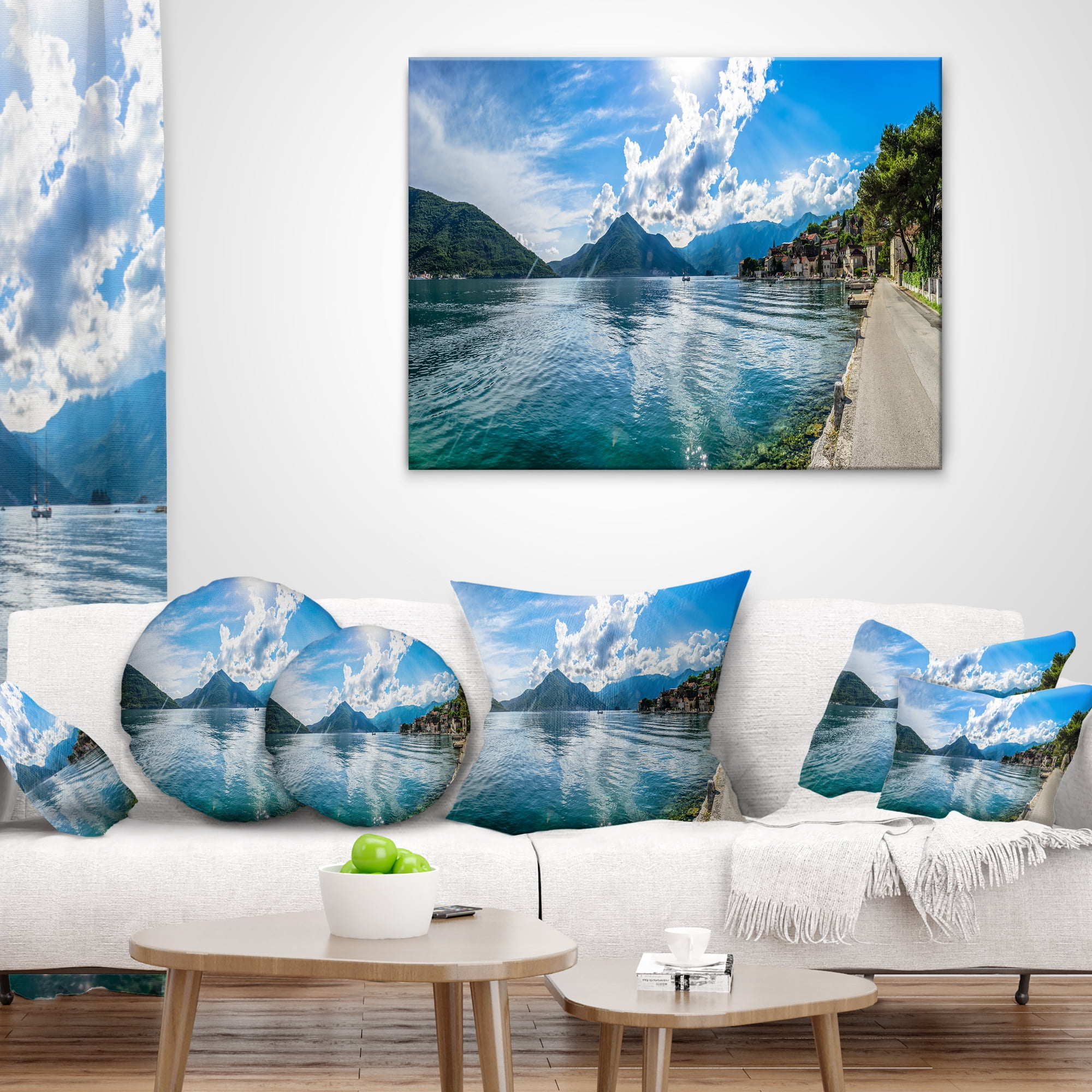 Designart Kotor Bay on Summer Day Panorama - Landscape Printed Throw Pillow - 16x16