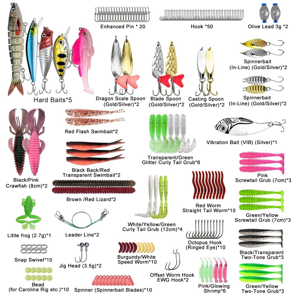 193pcs Fishing Lures Kit With Tackle Box  Freshwater Saltwater Bass Set - Hard Baits Soft Plastic Worms Crankbaits Spinner Frog Hooks & Accessories