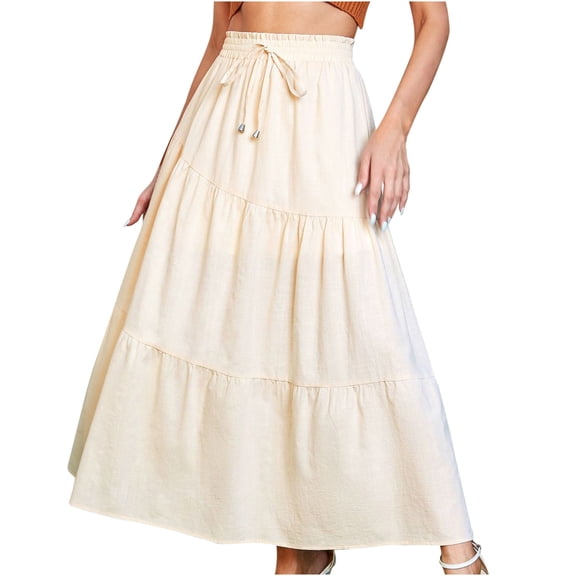 CHUMUD Womens Linen Skirts Elastic High Waist Boho Maxi Skirt Swing Tiered A-Line with Drawstring Fashion Beach Vacation Summer Wear