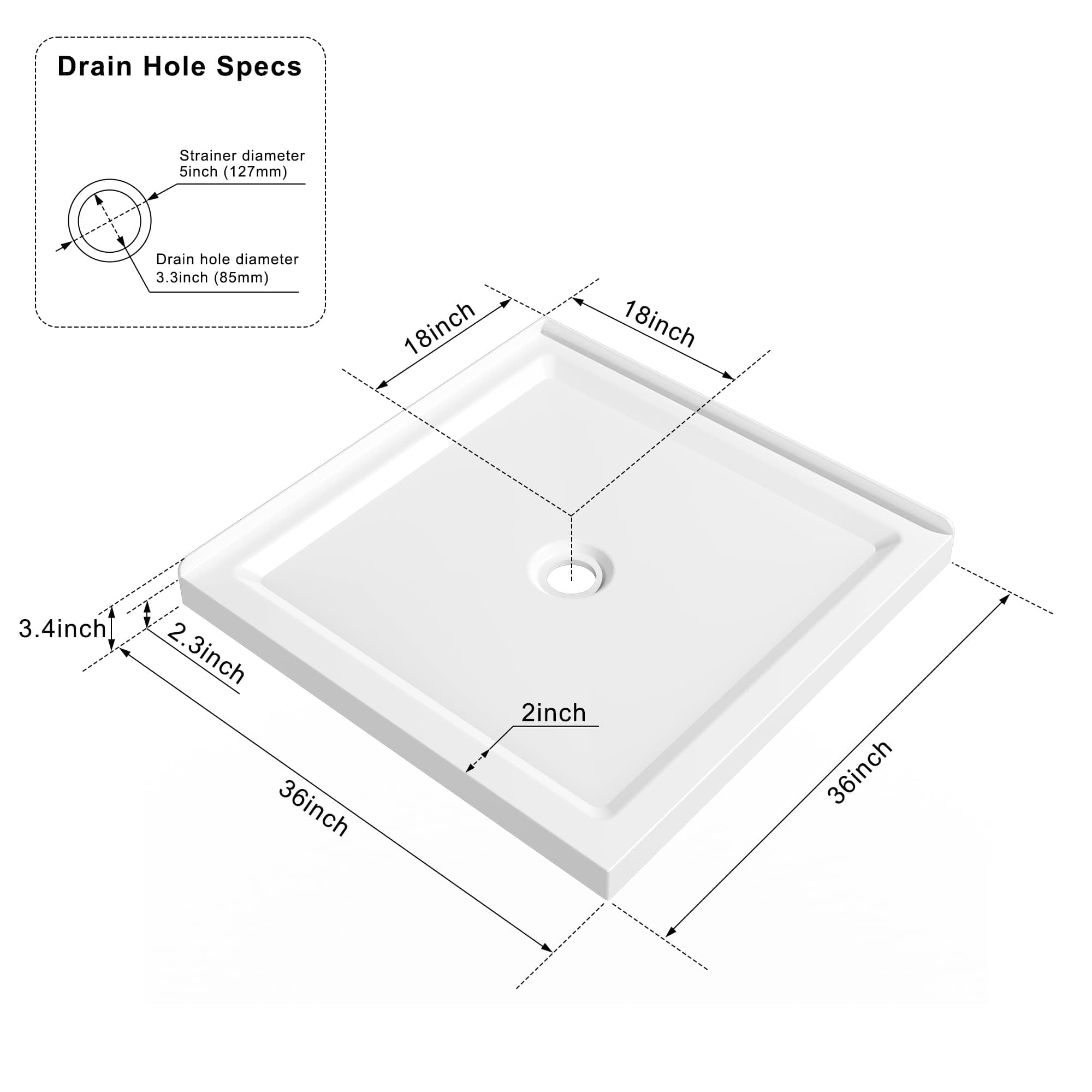 36"x36" Shower Base，3.3" Height，Anti-slip Acrylic Center Drain Double Threshold Shower Basin，White