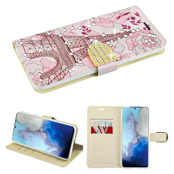 Samsung Galaxy S20 (6.2") Wallet Case Fashion Design Crystal Shiny Gemstone Bling Rhinestone Silk Shockproof Silicone TPU Flip Wallet with Card Holder ID Slots [EIFFEL TOWER] for Samsung Galaxy S20