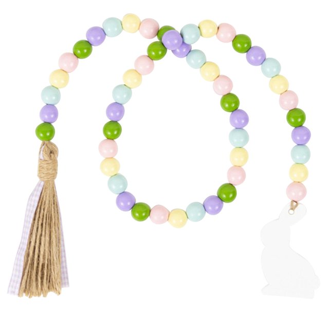 Makaron Guirnalda de cuentas de madera de Pascua, cuerda de cáñamo, adorno colgante con borlas, decoración del hogar