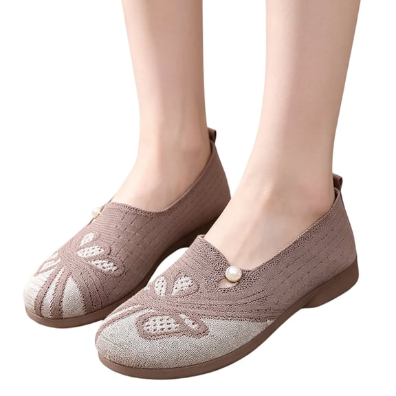 Women Hollow Knit Mom Slip On Shoes, Breathable Old Beijing Cloth Flats Soft Non Slip Low Sole