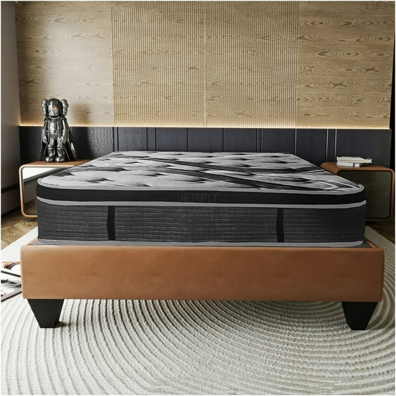 JERFIT 14 Inch King Size Euro Top Hybrid Mattress, Plush Memory Foam Pocket Innerspring for Motion Isolation, Cooling Dark Gray Bed Mattress