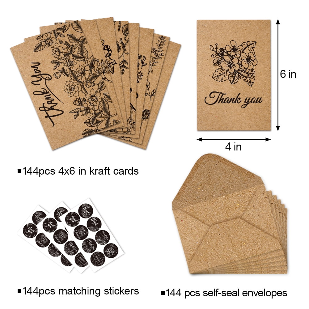 144 Bulk Brown Kraft Thank You Cards with Envelopes & Stickers, 8 Elegant Designs, 4x6 inch