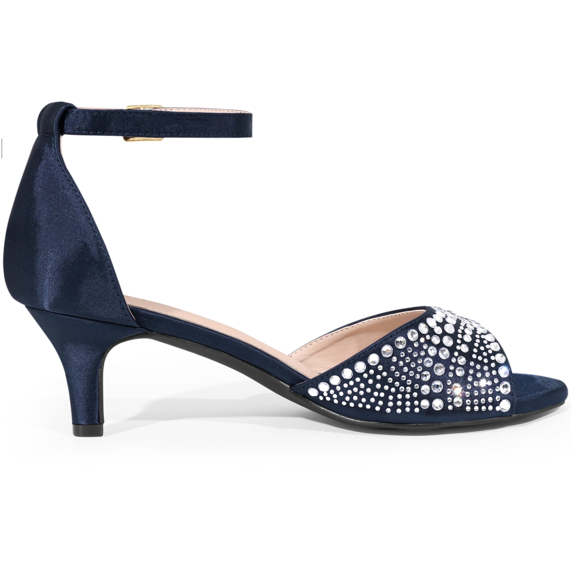 DARING DIVA Women's Rhinestone Ankle Strap Kitten Heel Satin Sandals Dark Blue 7.5