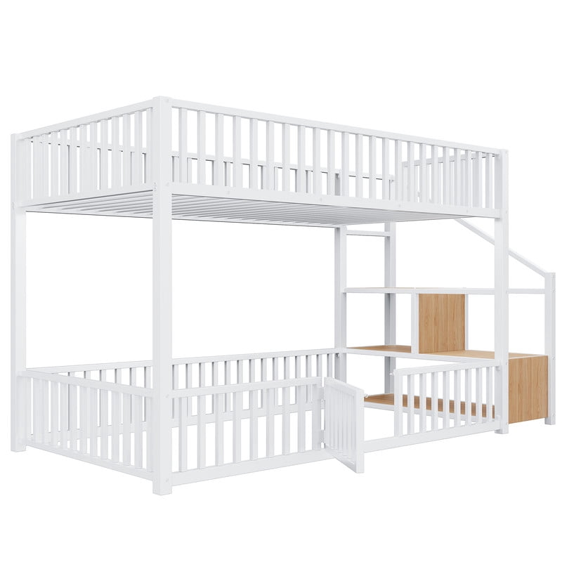 Twin Size Versatile Loft Bed with No Slat Floor Bed & Safety Guardrails, Kids Storage Bunk Bed Frame with Stair