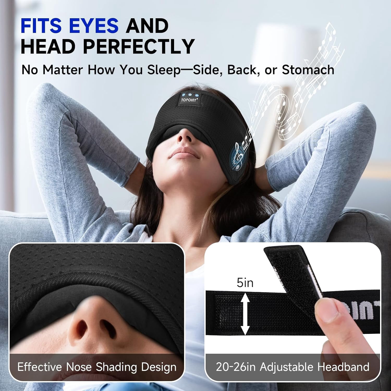 Sleep Mask, Bluetooth Eye Mask Bluetooth, TOPOINT Breathable Cotton Sleep Headphones for Sleeping Side Sleepers Travel Meditation Music Headsets with Microphone Handsfree Men Women, Black